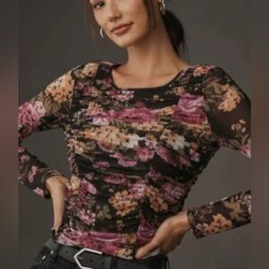Anthropologie Multicolor Floral Mesh Blouse, Small
